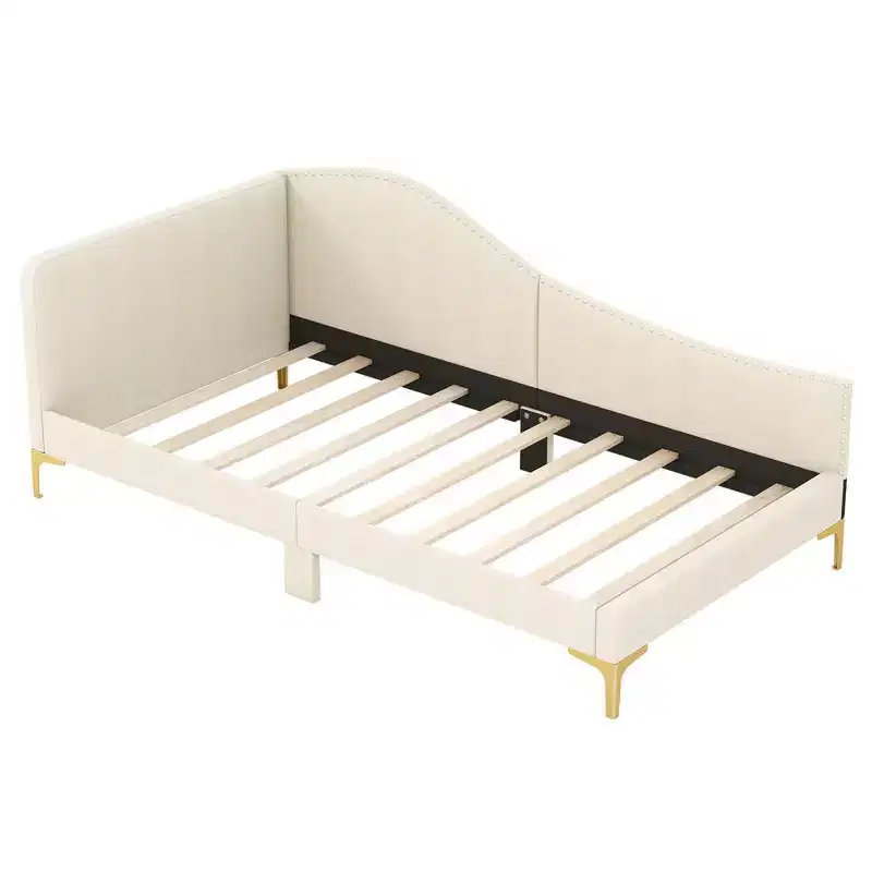 Twin/Full Size Upholstered Daybed Rivet-Tufted Platform Bed with Metal Legs Beige
