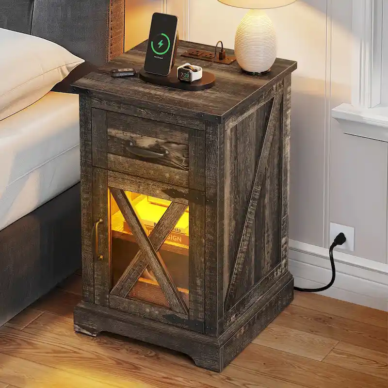 Moasis Set of 2 End Table with Drawer and Power Outlet, LED Light Side Table with Charging Station