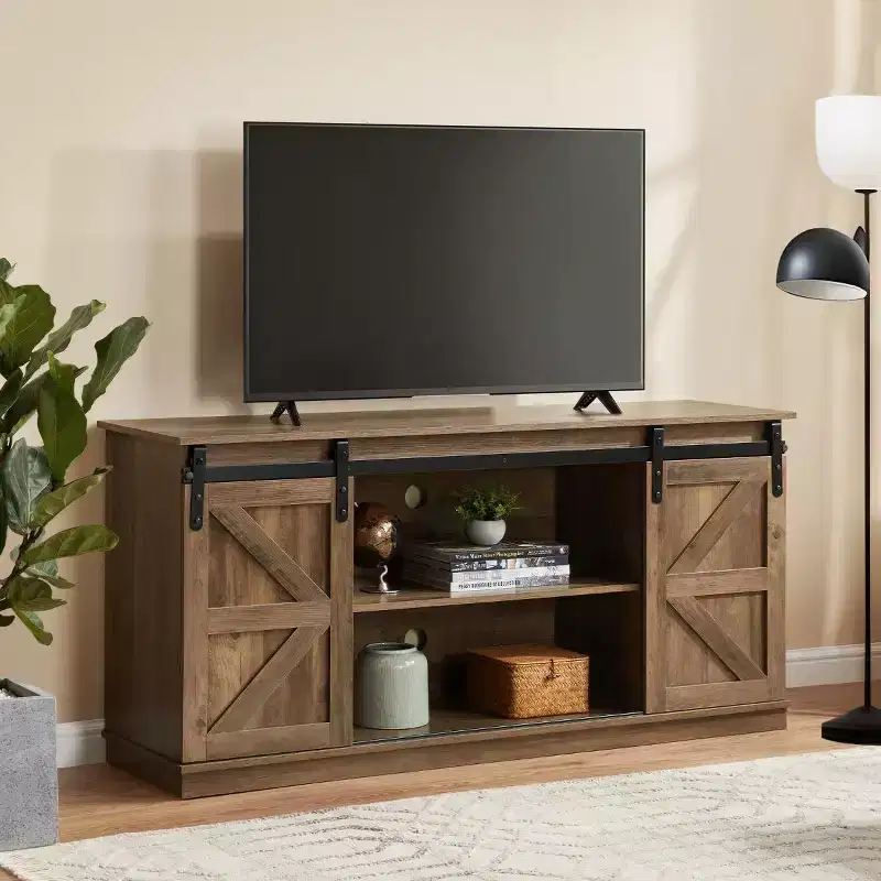 58 Farmhouse TV Stand and Entertainment Center for Televisions up to 65 Inchs,with Sliding Barn Doors and Storage Cabinets