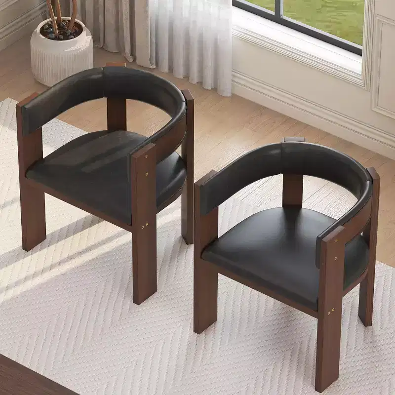 Mid Century Solid Wood Dining Chairs , PU Leather Upholstered Accent Chairs with Curved Backrest, Rubber Wood Fram - Brown&Dark Grey