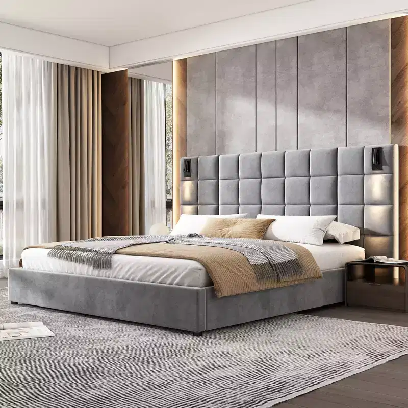 Christopher Knight Home Wesson Modern Upholstered Velvet Bed with Reading Lamp and USB Ports