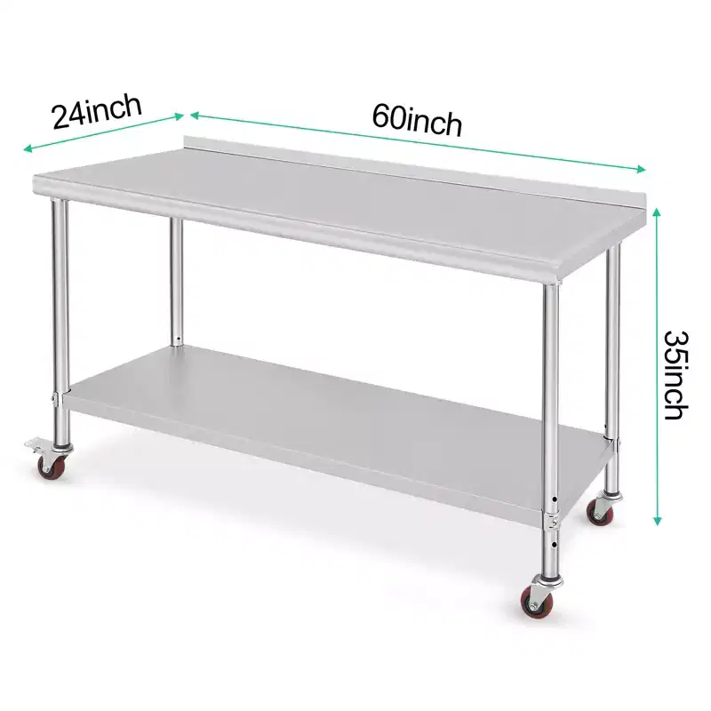 Garvee 60 Stainless Steel Tables with Wheels and Backsplash for Kitchen, Restaurant, Silver