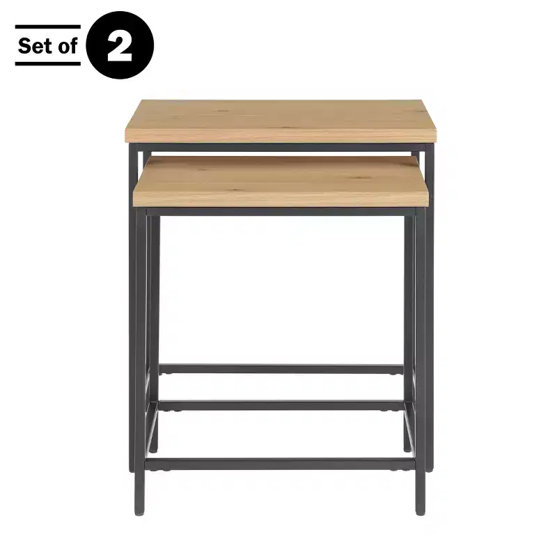 Alaterre Furniture Set of 2 Nesting Side Tables with Wood Tops and Metal Bases, Modern Minimalist End Tables for Living Room, Apartment or Dorm, Oak