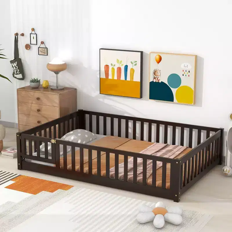 Bellemave Full Size Montessori Floor Bed with Fence & Door, Kids Low Wood Bed Frame with Guardrails, Solid Rubber Wood, Easy Assembly