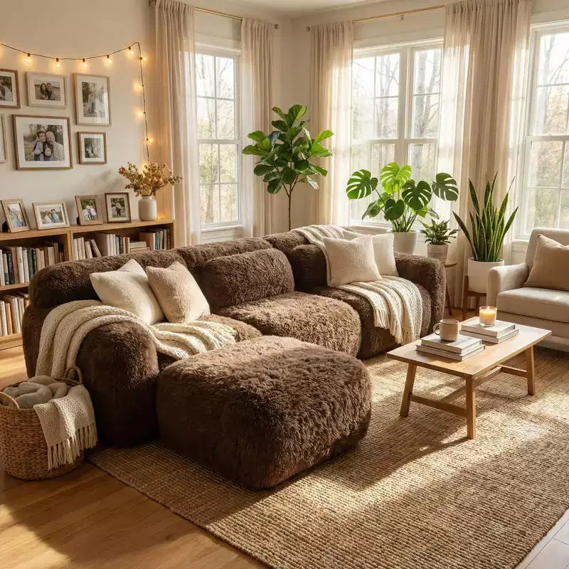 FurnitureR Plush Modular Sectional Sofa with Ottoman, Deep Seat Cloud Couch Upholstered L Shaped Sofa for Living Room, Modern Oversized Couch, Brown