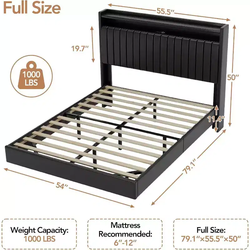 Acekool Full Floating Bed Frame with USB Charging Station, Upholstered Platform Bed with Headboard Storage and Soft LED Lighting
