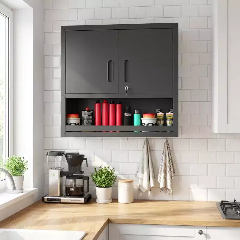 30H Wall-Mounted Steel Cabinet - Locking Doors + Open Drawer + Adjustable Shelf, Cold-Rolled Steel, Garage/Office/Warehouse/Home/School