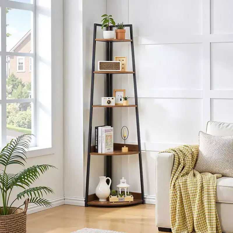 5 Tier Corner Shelf, 70 Tall Corner Bookshelf with Metal Frame & Wooden Shelves, Industrial Corner Ladder Shelf for Living Room, Brown