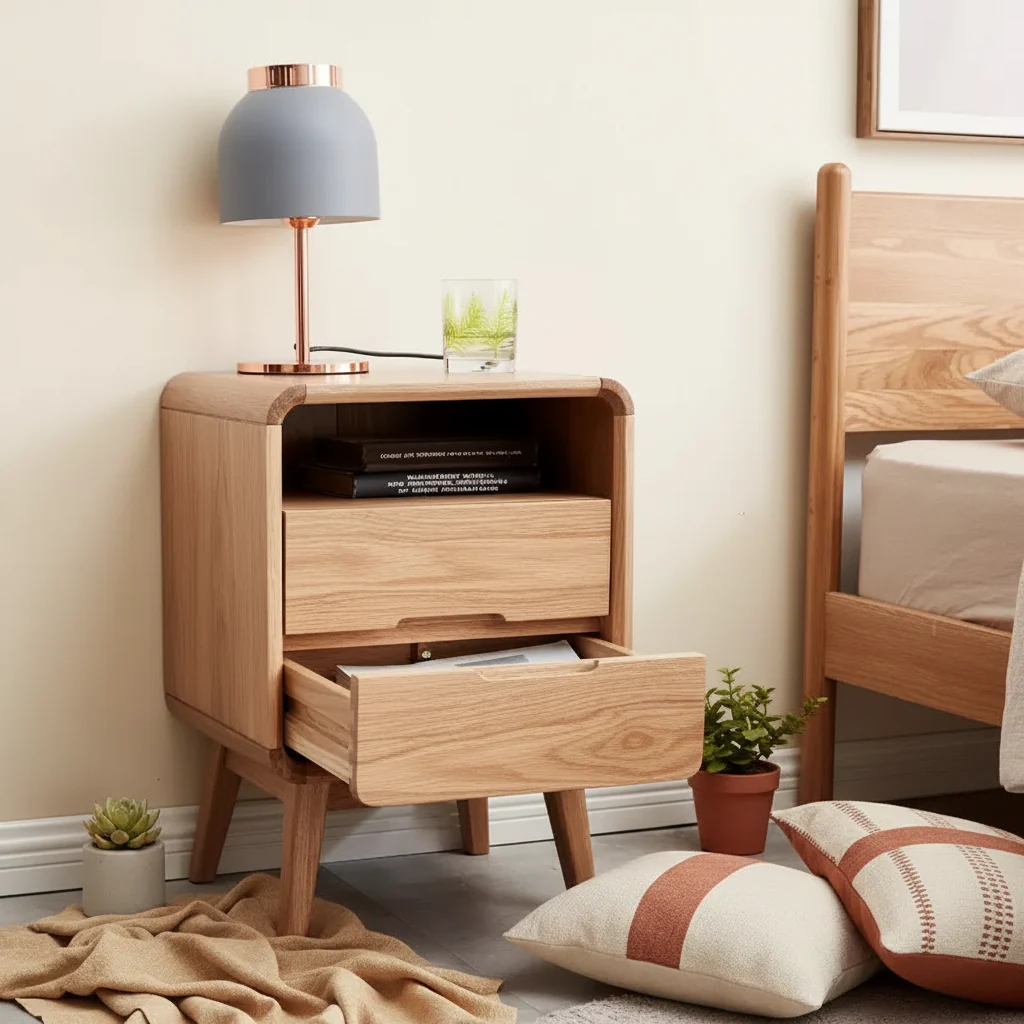 Modern Solid Oak Nightstand with 2 Drawers, Mid-Century Bedside Cabinet with Storage