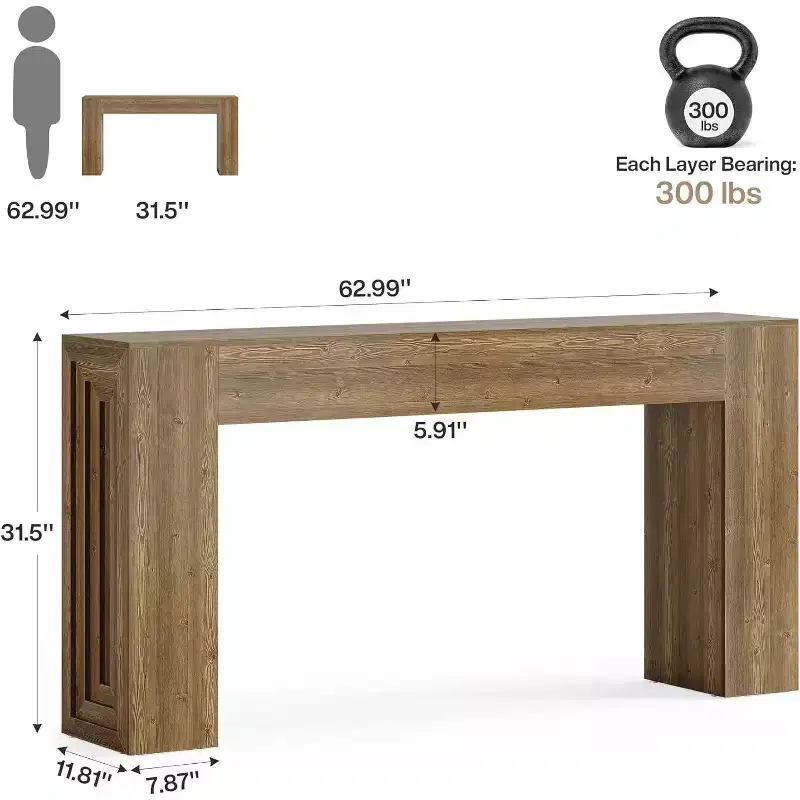 63-Inch Long Console Table, Farmhouse Narrow Sofa Table for Living Room, Entryway, Hallway, Foyer, Natural Brown