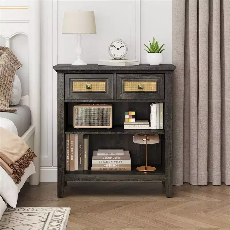 Boho Rattan Storage Cabinet with 2 Drawers & 2 Shelves, Modern Accent Cabinet for Entryway Living Room, Coffee