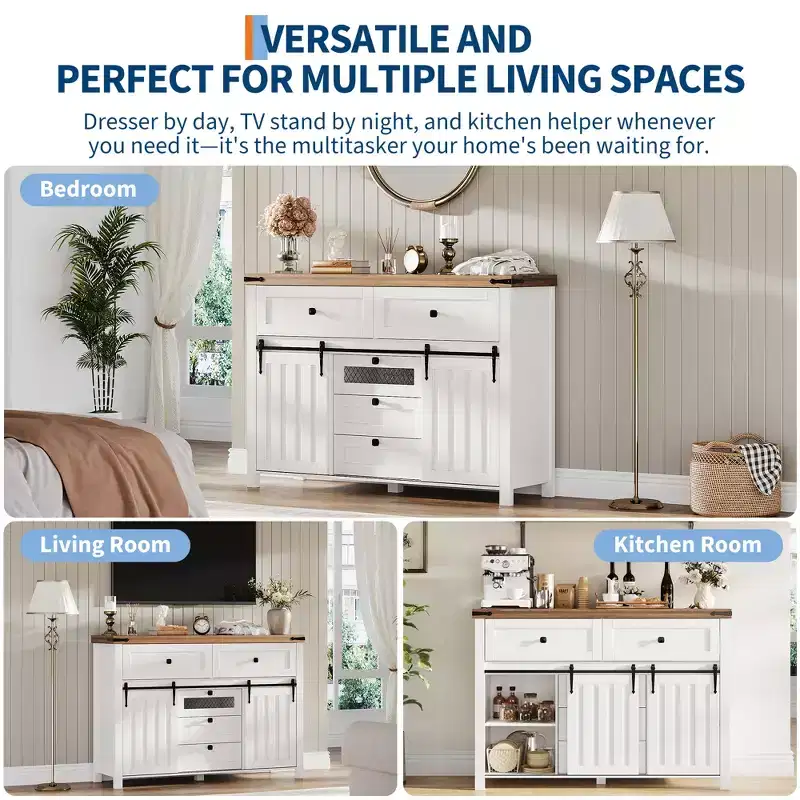 Buffet Cabinet, Sideboard Storage Cabinet with 5 Drawers and 2 Sliding Barn Doors, Wood Table with Adjustable Shelf, for Living Room, Dining Room