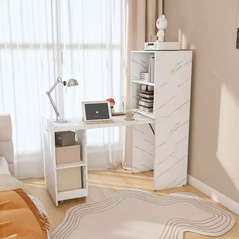 Extendable Desk with Storage & Wheels, Foldable Office Desk for Small Spaces, White Marble