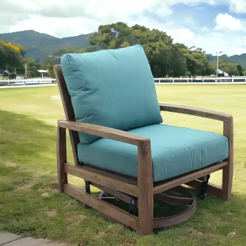 Courtyard Casual Avalon FSC Teak Swivel Glider Teak in Heather Gray finish Sling deck under cushion for comfort Sunbrella Fabric