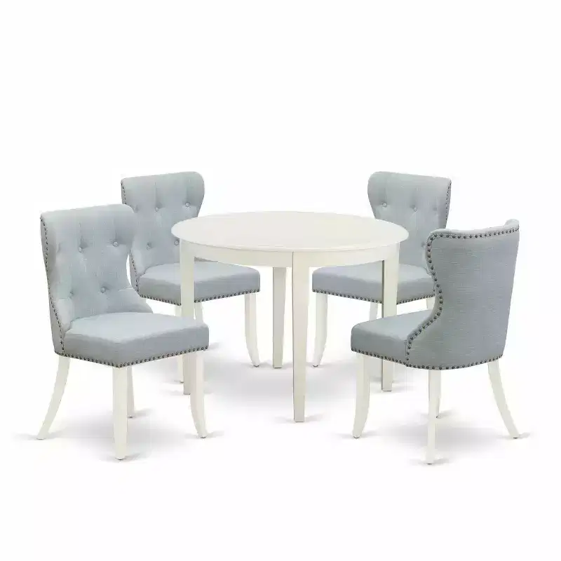 5-Piece Linen White Solid Wood Top - Dining Room Set Seats-4