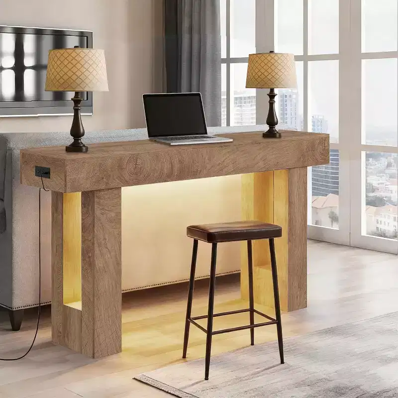 63 Farmhouse Console Table with Charging Station & LED Light, Slim Entryway Sofa Table for Hallway Living Room, Natural Wood Finish