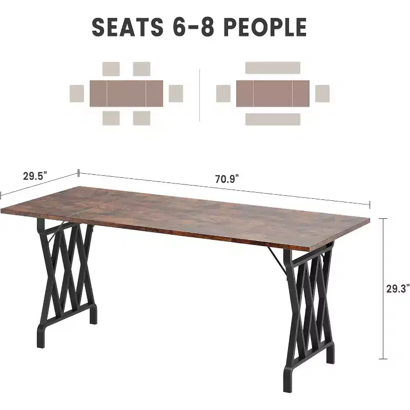 Acekool 70.9 Long Dining Table, Rectangular Dark Brown Top, Black X-Frame, Seats 48, Rustic Modern Style, Steel Legs