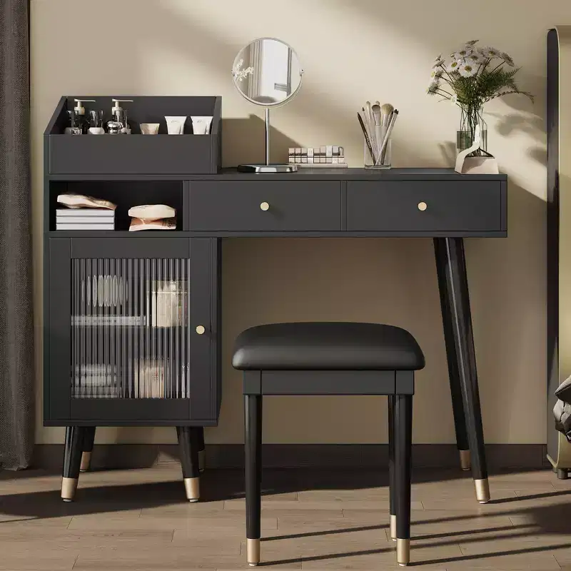 GDFStudio Ramesh Modern Space-saving Dressing Table Set with Stool, Charging Port, Drawers, Cabinet