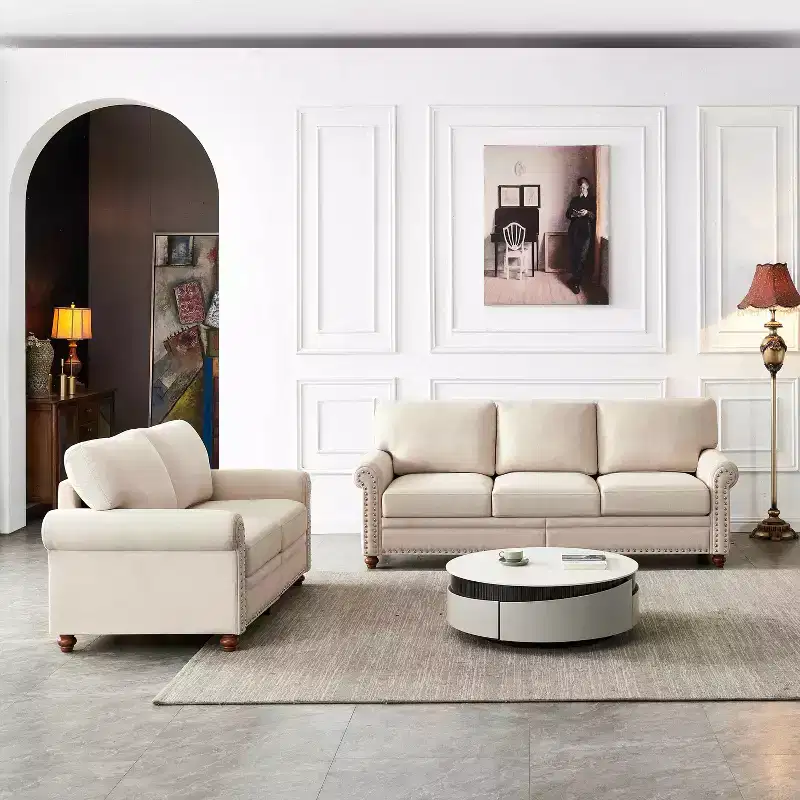 MAYEERTY Faux Leather Upholstery with Storage Sofa, Solid Wood & Metal Frame, Silver Nails Decor for Living Room Beige