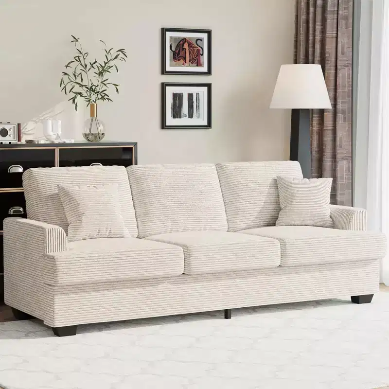 86 Leather/Corduroy Sofa, Modern Deep Seat Couch with 2 Throw Pillows, Upholstered Cushion & Removable Cover for Small Space, Apartment&Living Room