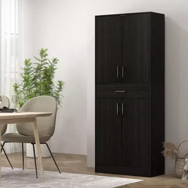 70.75 Kitchen Pantry Cabinet w/ Drawer and Adjustable Shelf, Freestanding Tall Storage Cabinet w/ 2 Double Doors, Distressed Black