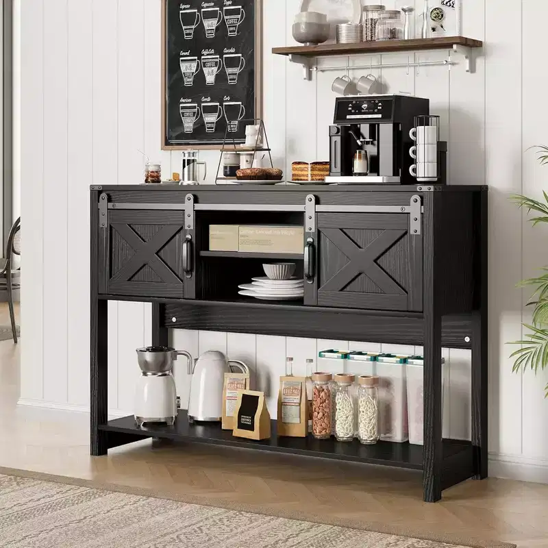 RoyalCraft Farmhouse Entryway Console Table with Storage Shelves, Sliding Barn Door and Spacious Tabletop for Living Room or Foyer, Black