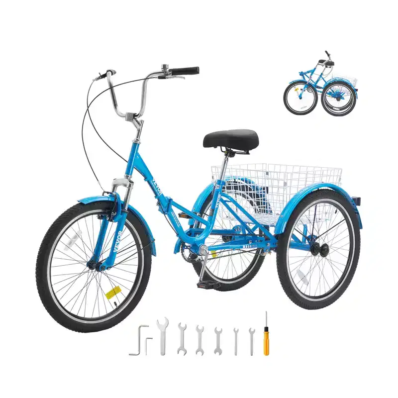 VEVOR Folding Adult Tricycle, 26-Inch Adult Folding Trikes, Carbon Steel 3 Wheel Cruiser Bike with Large Basket & Adjustable Seat