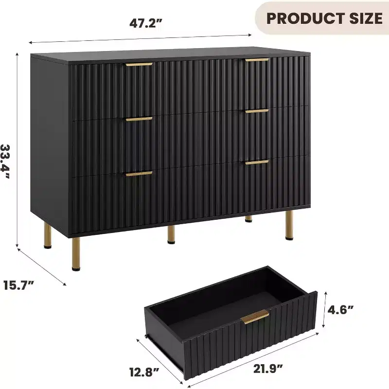 Fluted 6 Drawer Dresser for Bedroom, 47.2 Wide Modern Chest of Drawers with Deep Drawers, Large Double Dresser TV Stand, Wooden Organizer