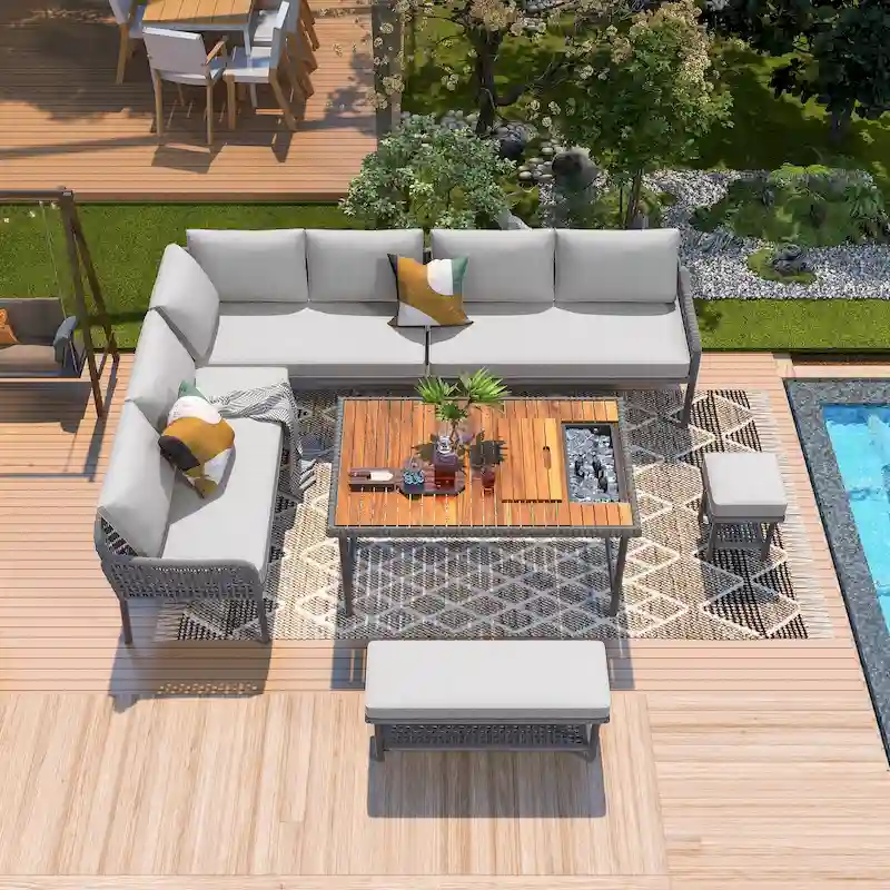 L-shape Outdoor Sectional Sofa Set 6-Piece Rope Patio Furniture Couch with Storage Coffee Table, Stools and Bench