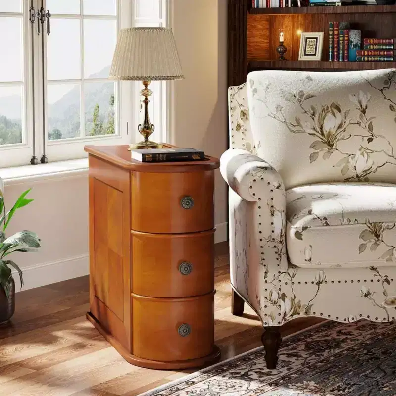 Wood Tall End Table Narrow Side Table Nightstand with 3 Drawers