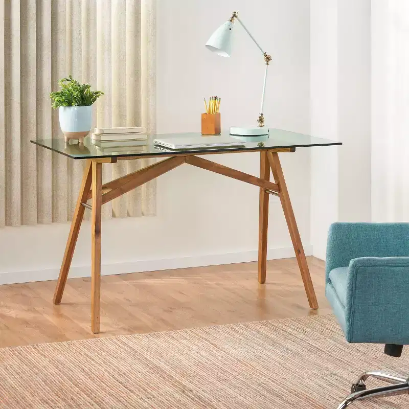 GDFStudio Aviary Mid-Century Modern Glass Top Acacia Wood Desk, Natural/Green