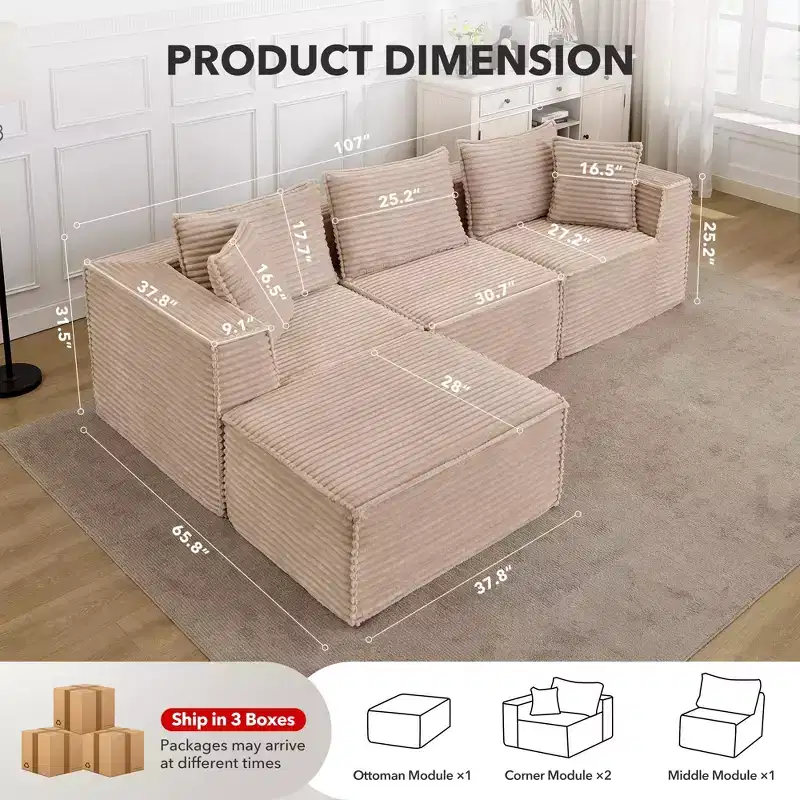 141 Modular Cloud Sectional Sofa with Ottoman - No Assembly Compression Packaged, Ultra Soft Memory Foam, Convertible Couch for Living Room