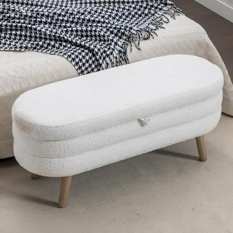 Ivory / Brown / Black Boucle Fabric Storage Bench with Wood Legs for 1–2 Person