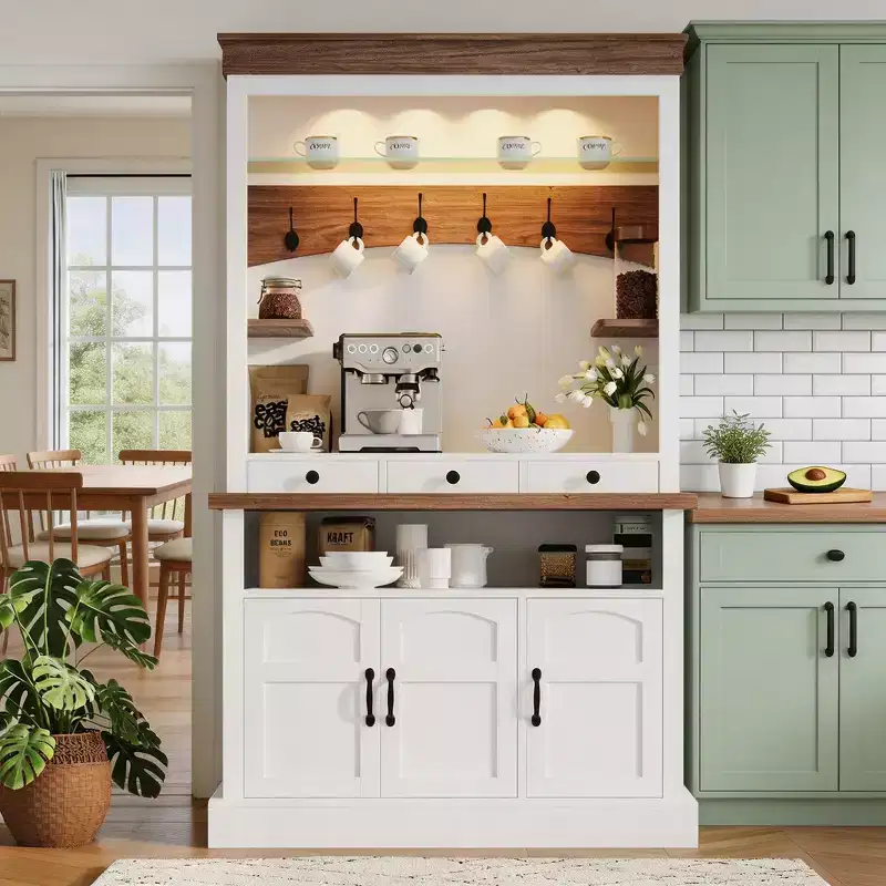 72-Inch Farmhouse Coffee Bar Hutch with LED Light, Microwave Stand, Glass Shelf, 6 Hooks and 3 Drawers