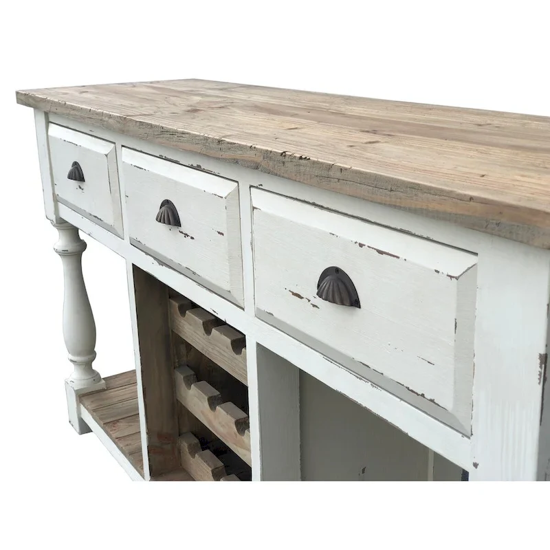 Farmhouse Console Wine Rack with Chalk White Finish and Natural Top