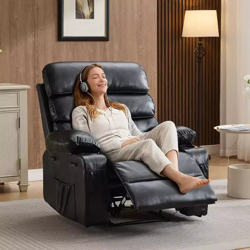 Extra Wide PU Leather Recliner Chair for Adults with Massage & Heat  Cup Holder, Side Pockets, Plush Comfort for Living Room & Bedroom