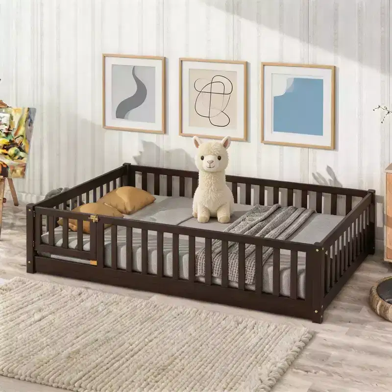 Full Floor Bed with Fence and Door, Solid Wood Kids Platform Bed Frame