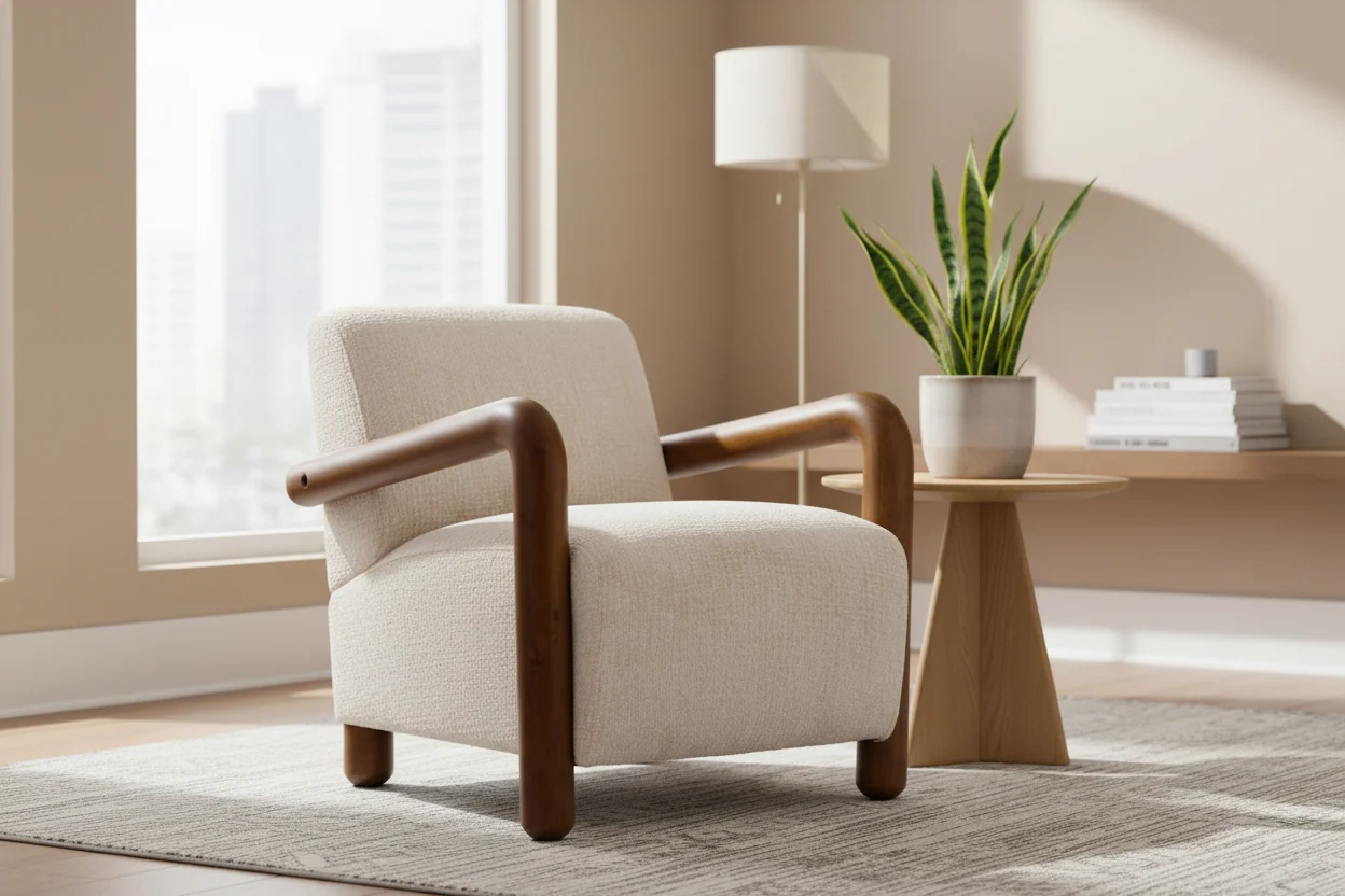 Cream Polyester Lounge Armchair with Curved Mango Wood Armrests