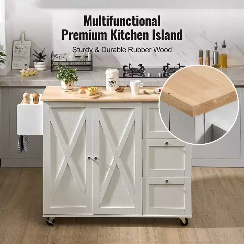 Kitchen Island Cart with Solid Wood Top, 45.3 Rolling Kitchen Cart with Storage Cabinet, Drop Leaf, Drawer & Spice Rack, White