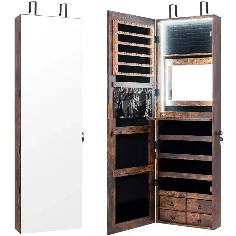 Costway Mirror Jewelry Cabinet 96 LED Lights Wall Door Mounted Armoire w/ Makeup Rack