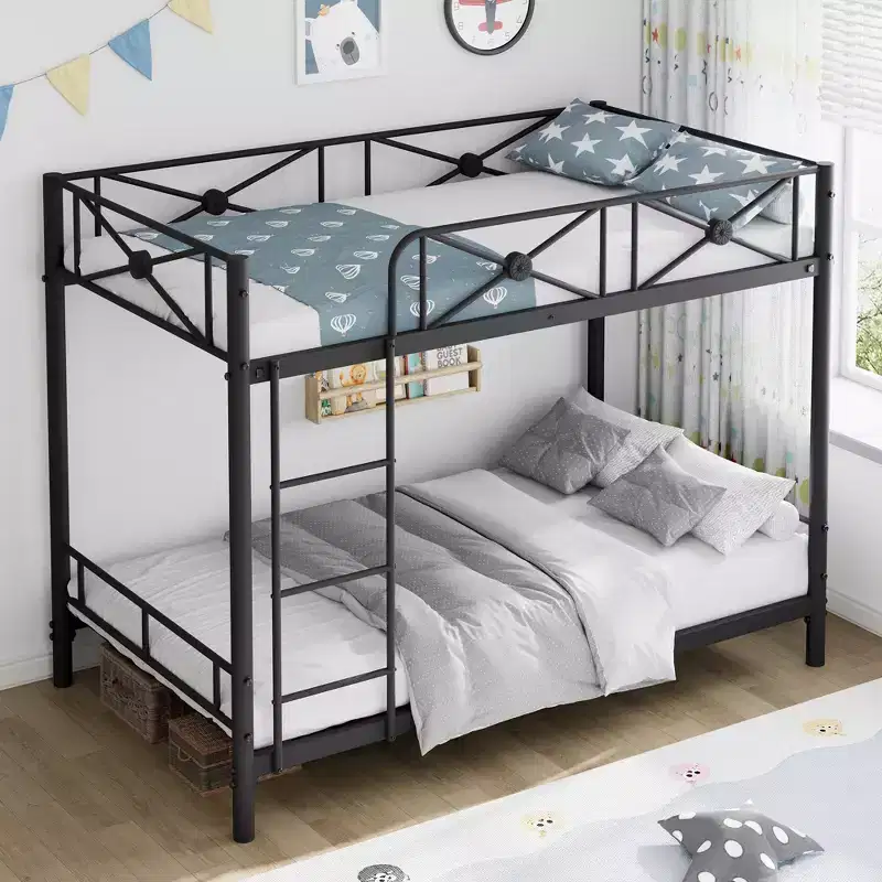 Heavy Duty Twin Over Twin Metal Bunk Bed  Industrial Loft Design  Safety Guard Rails  Space-Saving Steel Frame for Kids Bedroom