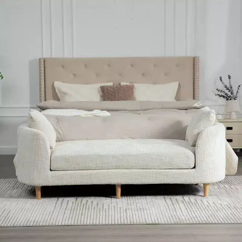 GDFStudio Agnes Modern 77 Chenille Upholstered Rubberwood Chaise Lounge with 2 Bolster Pillows