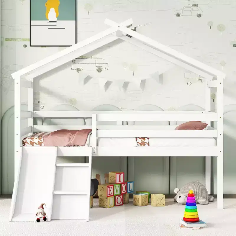 Twin Loft House Bed with Slide, Safety Guardrails, House Roof Frame, White