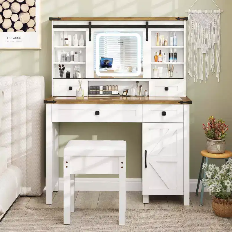 Farmhouse Vanity Desk with Sliding Mirror & 3 Lighting Modes
