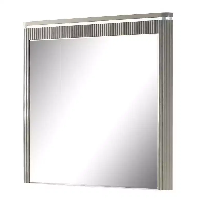 Dresser Mirror, 38 Inch Light Gray Wood, Reeded Design, Silver Accents