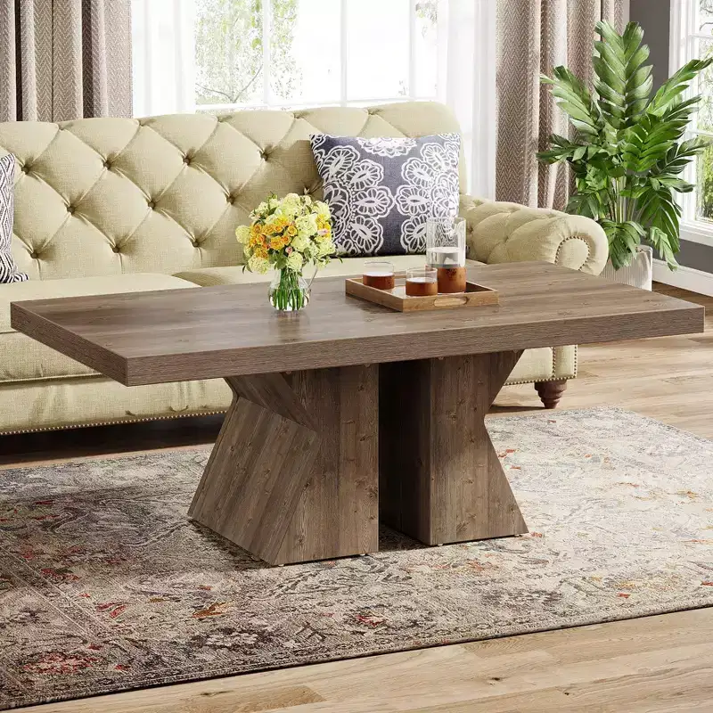 Rectangular Wood-Look Coffee Table with Thick Wooden Base — Farmhouse Style