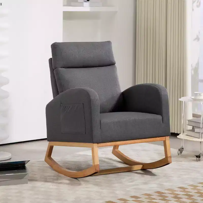 Nursery Glider Chair - Rocking Chair, Upholstered Nursery with Rubber Wood Legs, Comfy High Backrest, Side Pockets, Rocker Armchair for Living Room