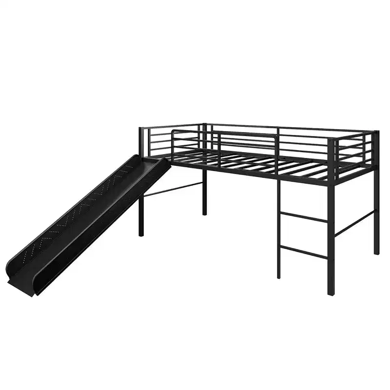 Costway Twin Metal Loft Bed with Slide Guardrails Built-in Ladder Low Bed Frame