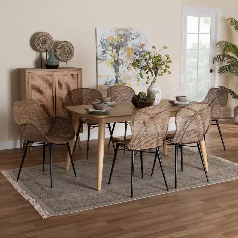 Baxton Studio Emmali Modern Bohemian Rattan and Wood 7-Piece Dining Set