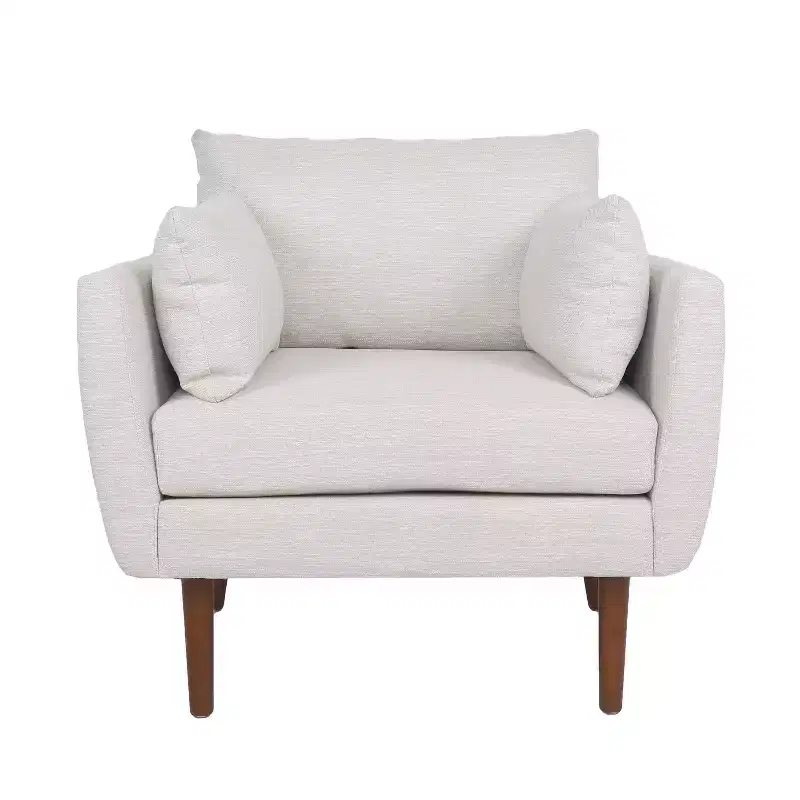 Upholstered Club Chair with 2 Accent Pillows, Birch Wood Legs, Beige/Walnut, 300 lb Capacity